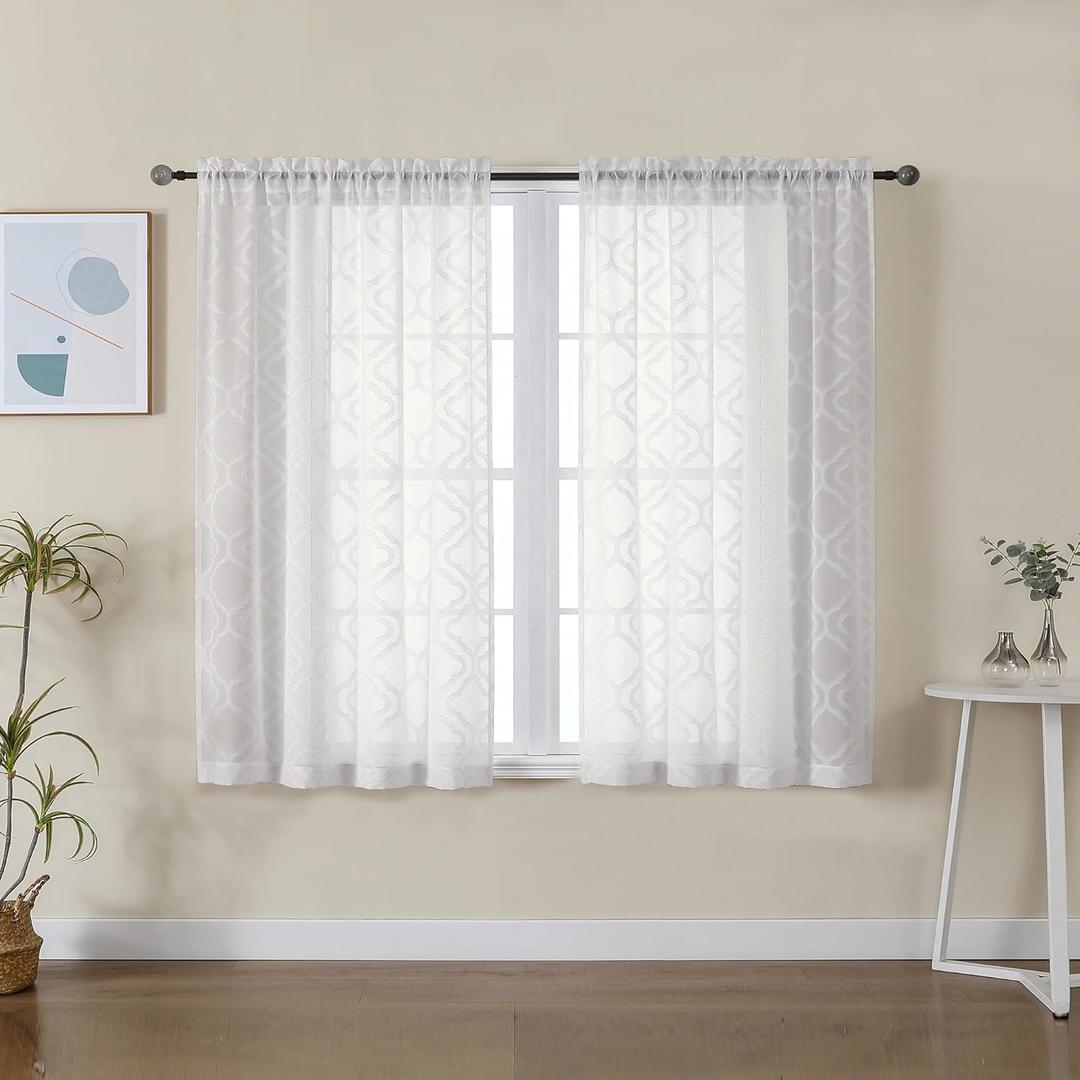 Lecloud Wasa Jacquard Sheer Curtains 45 Inches, Semi Sheer Window Treatments 2 Panels with Dual Rod Pockets, Natural Textured Curtains for Kitchen Bedroom Living Room, 42 W x 45 L