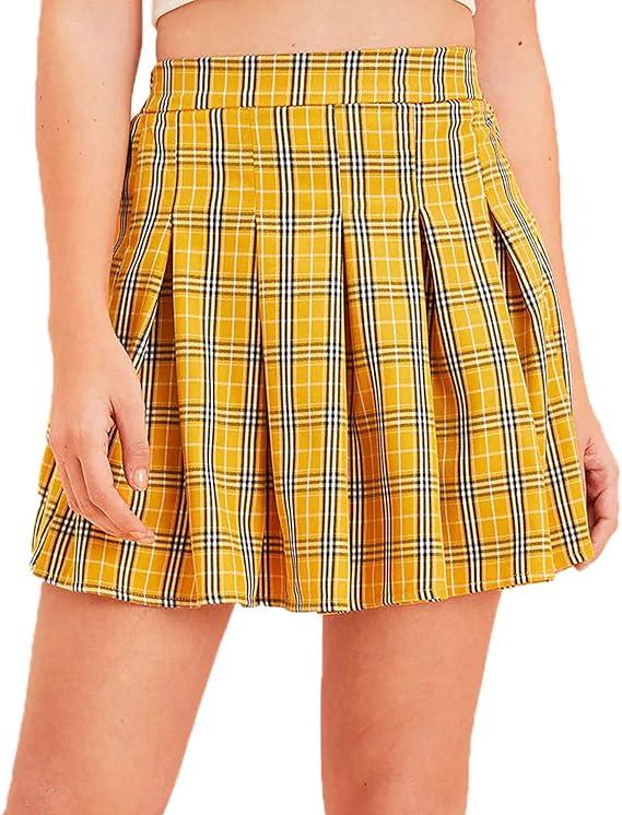 WDIRARA Pleated Skirts for Women Y2k Mini Skirt High Waist A-Line Uniform Skorts Plaid Cheer Skort M 