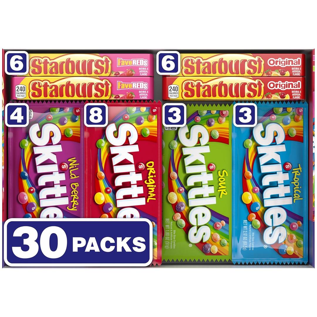 SKITTLES & STARBURST Assorted Candy Variety Pack for Holidays, Candy Assortment, Party Favors, 62.79 oz (30 Count) Bulk Box (BBD: 06/26)