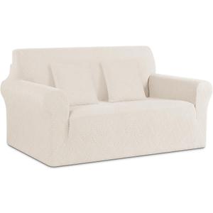 Ruaozz Stretch Loveseat Sofa Cover 1 Piece Couch Covers for 2 Cushion Couch Non Slip Loveseat Slipcover Soft Jacquard Furniture Protector with 2 pcs Throw Pillow Covers (2 Seater, Ivory)
