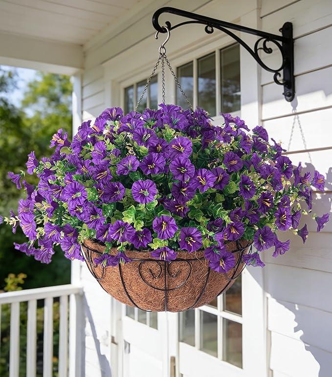 Artificial Fake Hanging Plants Flowers Basket for Outdoors Spring Summer Decoration, Silk Purple Morning Glory Eucalyptus UV Sun Resistant Realistic Faux Flowers for Outside Porch Patio Balcony Home