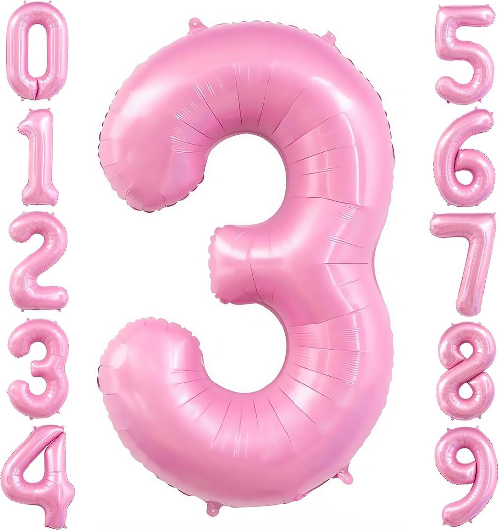 Pastel Pink 3 Balloon, Light Pink 3 Balloons Number,40 Inch Helium Foil Mylar Number 3 Balloon for Birthday Party