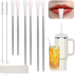 OUTXE Anti Wrinkle Straw 6 Pcs, Flat Wide Drinking Straw for Stanley Cup 40 oz 30 oz, Reusable Wrinkle Free Long Stainless Steel Metal Straw for Lip with Cleaning Brush and Carrying Bag, Cream Pink, 10mm