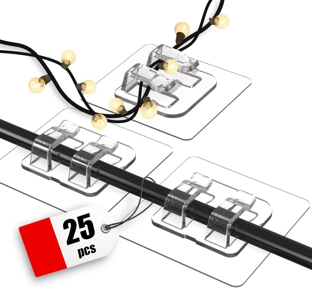 Hooks for Outdoor String Lights, 25 Pack Heavy Duty Cable Clips, Damage Free Cord Clips, Waterproof and UV-Resistant, Clear Self-Adhesive Hooks for Hanging Christmas Lights Outdoor and Patio Decor