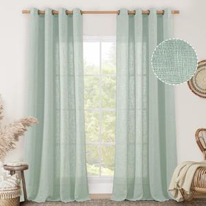 LAMIT Living Room Linen Curtains - 95 Inch, Bronze Grommet, Textured Sheer, Light Filtering, Burlap, Farmhouse Style, 2 Panels, 52 x 95 Inch, Light Sage