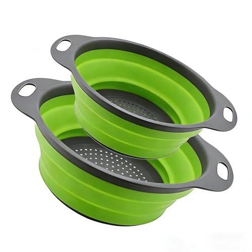 2 Pack Collapsible Silicone Colander with Handle, Over Sink Foldable Food Strainer, BPA-Free Space Saving Drain Basket for Vegetables, Fruits, Pasta, Kitchen & Camping (Green)