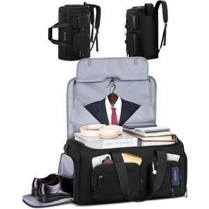 RAINSMORE Convertible Garment Bags for Travel, 45L Garment Duffle bag for Hanging Clothes, 3 in 1 Suit Travel Bag for Business Trips with Shoulder Strap, Carry On Suit Luggage for Men Women, Black