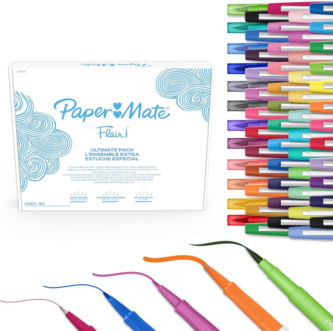 Paper Mate Flair Felt Tip Pens Ultimate Pack, Features 5 Different Types of Pens, 60 Count - Creative Fun, Classroom Essentials, Teacher Supplies, Arts & Crafts