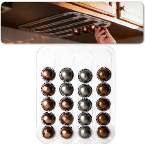 Under Cabinet Coffee Pods Organizer for Nespresso Capsules Vertuo, Side Mount Holds up to 24 Capsules in 4 Rails, Clear Acrylic