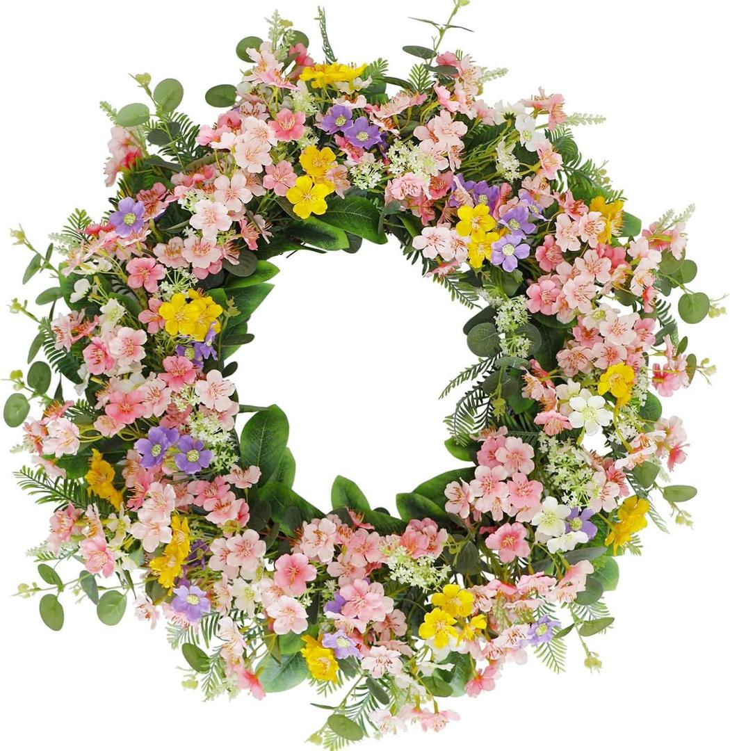 Faux Silk Cherry Blossom Flower Spring Summer Easter Wreath 24-26" for Front Door  Pink Purple Yellow Plum Blossom Green Eucalyptus Leaves  Farmhouse Front Porch Decor, Outdoor Indoor Use (Pink-pur-yel-24)