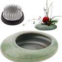 Folmywy Japanese Ceramic Ikebana Vase Kit with 1.57 Inch Flower Frog Kenzan Flower Stem Holder Green Round Ikebana Bowl Flower Arranger Pot for Summer Activity Table Decor