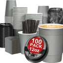 100 Pack 12 oz Disposable Paper Coffee Cups with Lids and Sleeves and Stirring Sticks, Leak-free Disposable Insulated Paper Cups for To Go Hot or Cold Beverages(Gray)