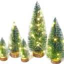 Mini Christmas Tree with Lights, Small Table Top Decorations, Desktop Miniature Pine Tree Xmas Holiday Decor Indoor Home, Bottle Brush Trees with Wooden Base, 5 Pcs with Light