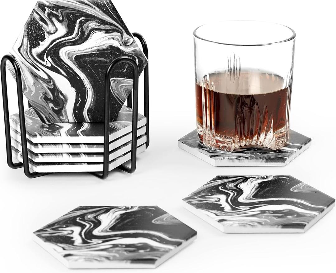 ARILEO Coasters for Drinks, Black Marble Ceramic Hexagon Coaster Set with Metal Holder, Set of 8 Absorbent Cup Place Mats for Home Decor