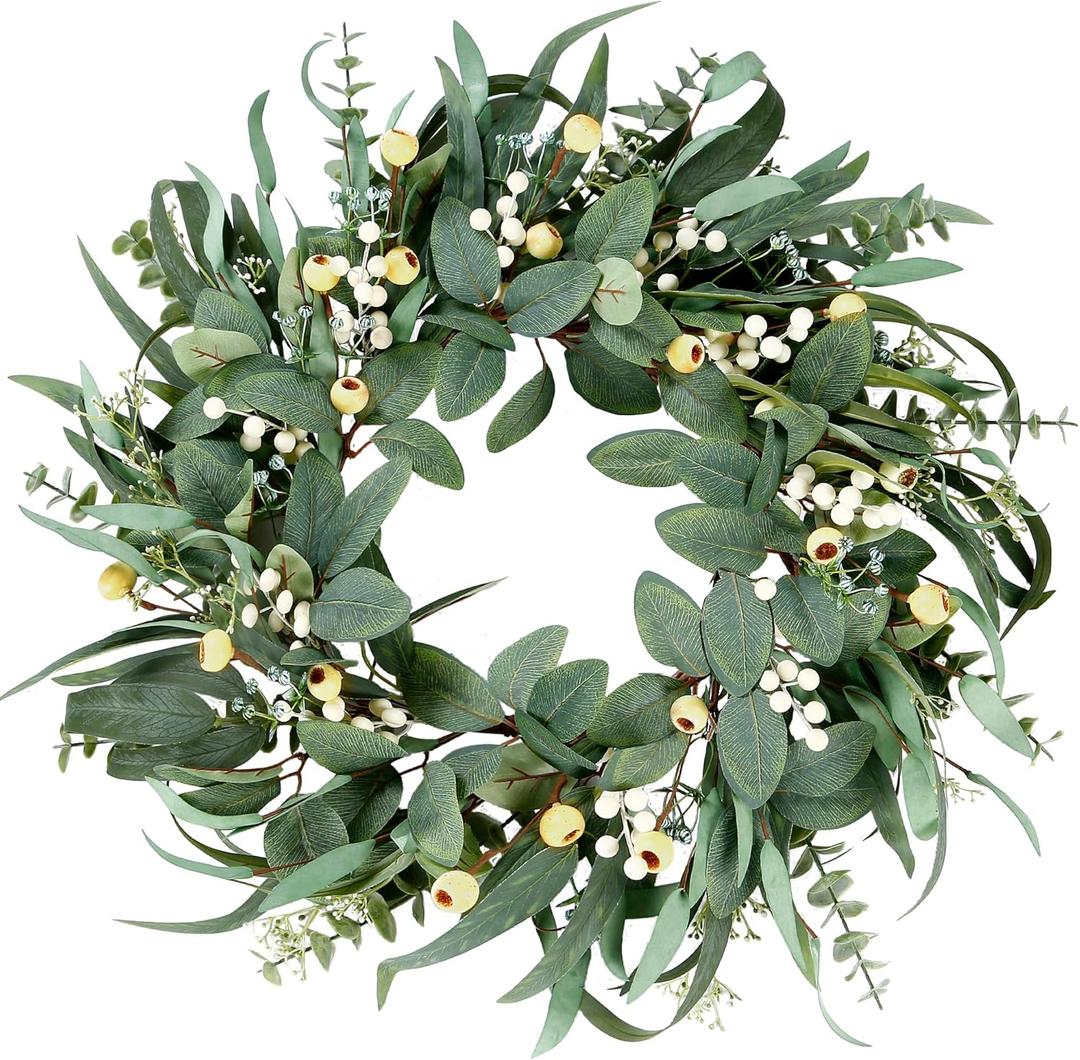 Sggvecsy Artificial Eucalyptus Wreath - 21 Inch Greenery Wreath with Green Leaves and Mixed White Berries for Spring/Summer Home Decor (Colorful)