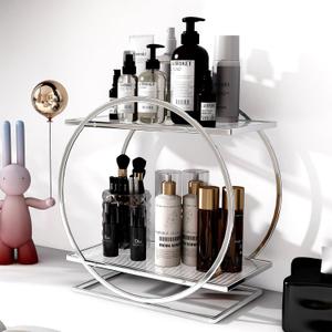 YGJT Bathroom Counter Organizer, 2 Tier Perfume Organizers for Dresser, Makeup Organizer Countertop for Vanity, Skincare Organizers Perfume Holder Tray Cosmetic Display Rack, Gifts for Women(Silver)