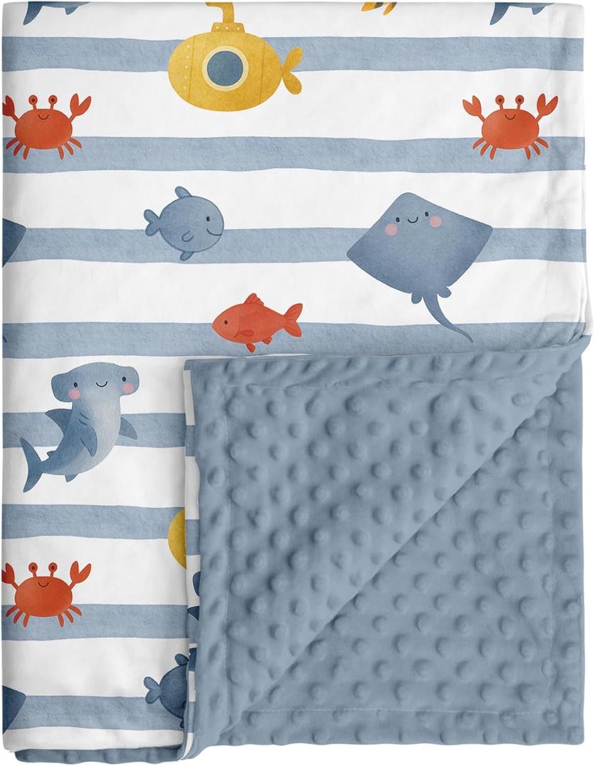 Baby Minky Blanket for Boys Girl, Super Soft Newborn Nursery Blanket with Double Layer Dotted Backing, 30x40 Cozy Printed Bed Throw Blanket, Undersea World (Blue Ocean)