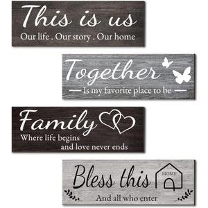 Joyhawk 4 Pieces Home Wall Decor Signs, THIS IS US/TOGETHER/BLESS THIS HOME/FAMILY Wall Decor For Living Room Bedroom, Rustic Wooden Farmhouse Wall Art Decor, 4.7 x 13.8 Inch(Mixed Color) (black white grey)