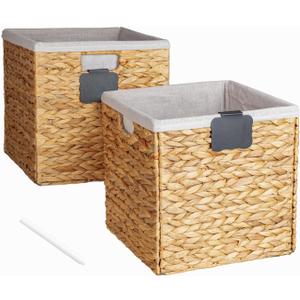 Wicker Storage Basket 12x12, Foldable Water Hyacinth Storage Baskets, Wicker Storage Cubes with Liners, Natural Seagrass Laundry Bin, Letter Boards and Chalk Marker Included, Set of 2