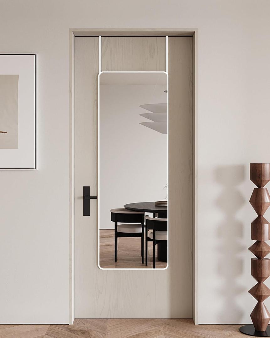 DMWOODFL 48"x14" Rounded Rectangle Over The Door Mirror - Full Length Tempered Glass & Aluminum Frame, No Drill Installation for Bedroom, Bathroom, Closet, Entryway (Silver White)