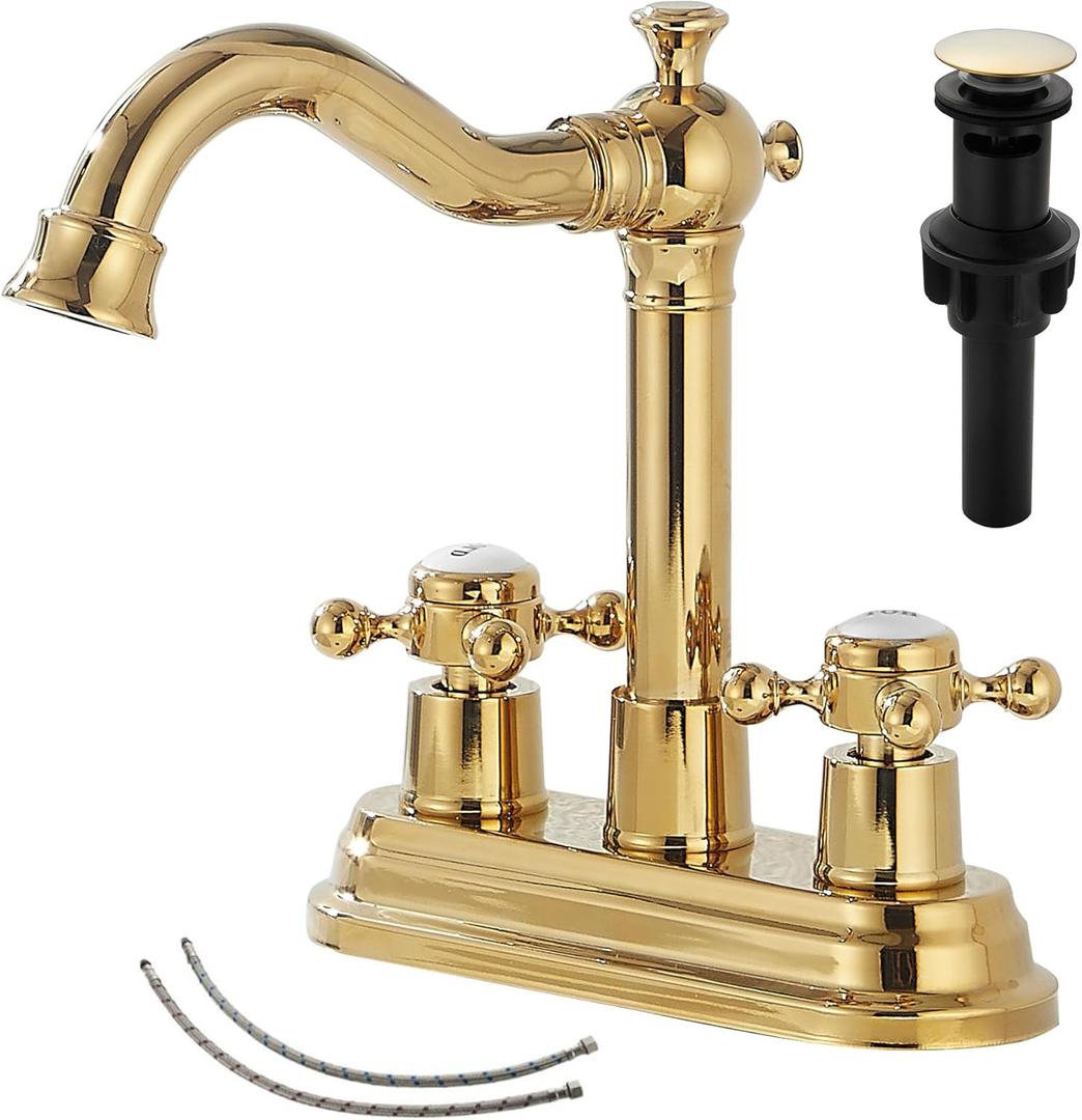 GGStudy Bathroom Faucet Polished Gold 2 Handles 4 Inches Centerset RV Vanity With Drain Assembly and Supply Hose