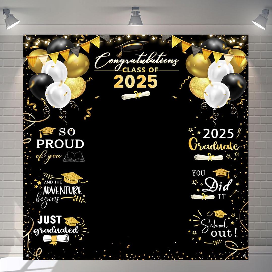 Congrats Grad Backdrop Black Gold Glitter Balloons Congratulations Graduation Class of 2025 Party Decorations Background for Photography Graduation Prom Party Supplies 78.7x70.8 Inch