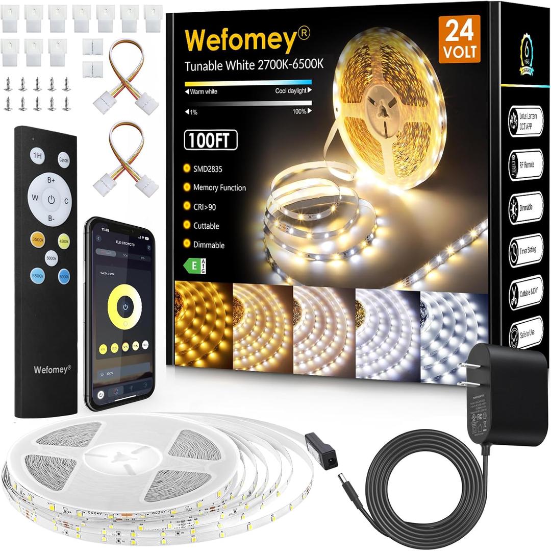 White LED Strip Lights, Upgraded 100ft Dimmable 2700K-6500K Bright 24V LED Light Strip with Remote and App Control, 1440 LEDs Flexible Tape Lights for Living Room, Bedroom, Kitchen, Ceiling