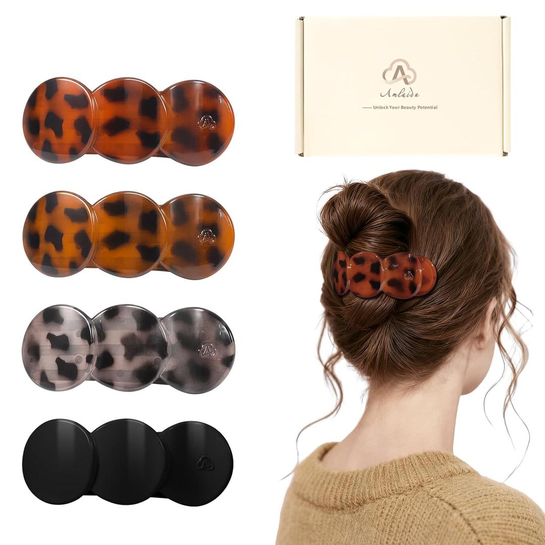 Medium Flat Hair Clips for Women, French Claw Clips for Thick Thin Hair, Lay Down Hair Barrettes for Styling, Duckbill Side Hairclips for Driving Yoga - Tortoise Design, 4pcs (Yellow Tortoiseshell, Red Tortoiseshell, White Tortoiseshell, Black)