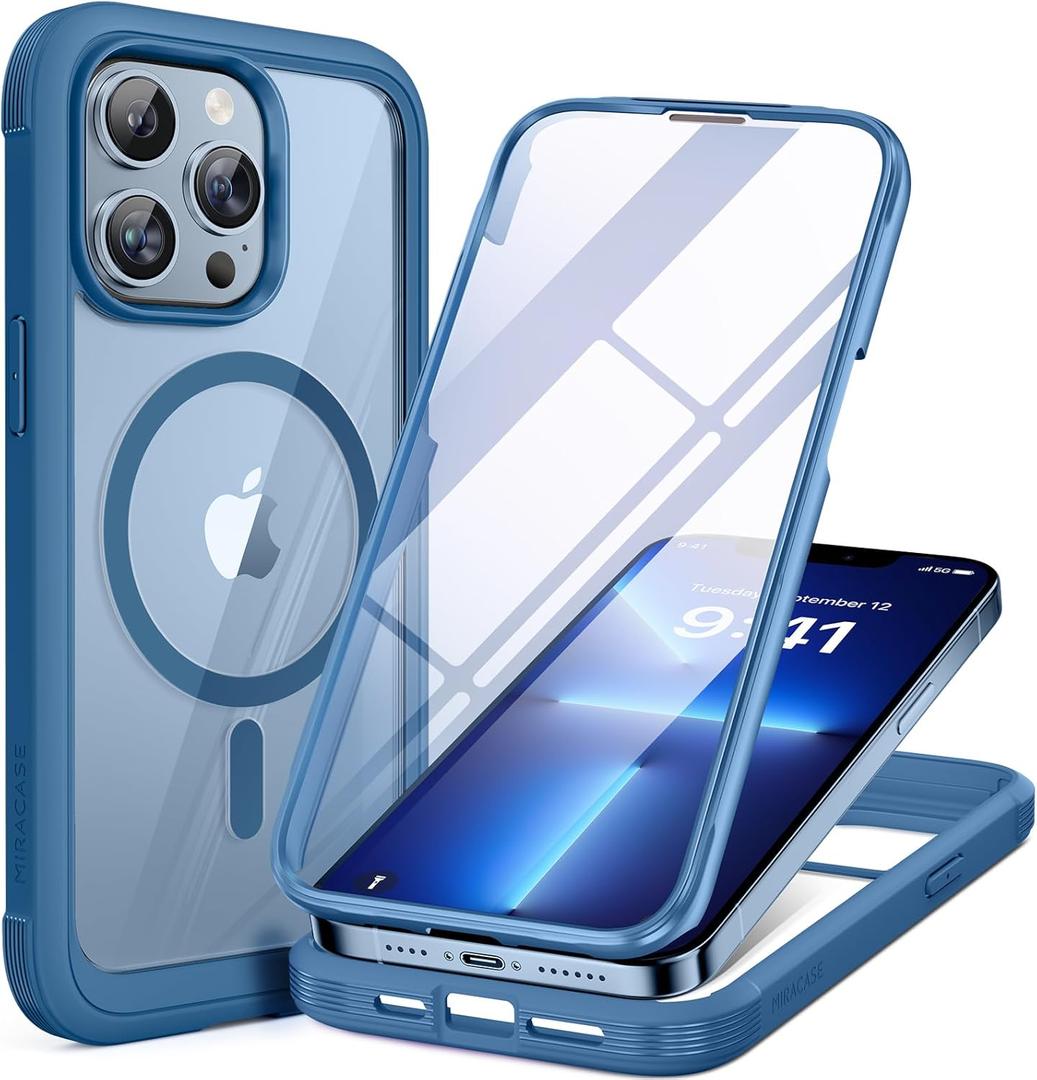 Miracase Magnetic for iPhone 13 Pro Max Case 6.7 inch, (Compatible with MagSafe) Upgrade Full-Body Clear Phone Bumper Case with Built-in 9H Tempered Glass Screen Protector, Magnetic Capri Blue