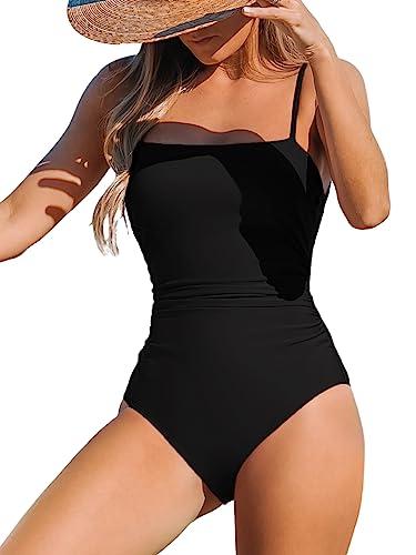 CUPSHE Women's One Piece Swimsuit Square Neck Cutout Back Tummy Control Adjustable Straps Striped Swimwear, M Black.XL