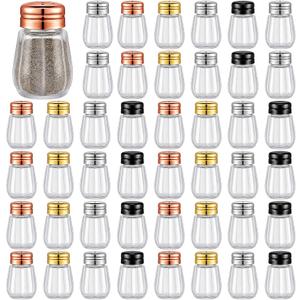 Potchen 50 Pcs Mini Glass Salt and Pepper Shakers Bulk 0.34 oz Cube Clear Tiny Salt Pepper Holder Glass Seasoning Jars Kitchen Spice Shaker with Mesh Top for Table Drinkware Home Accessories(4 Colors)