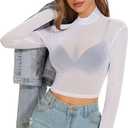 Women's Mesh Tops See Through Shirts Long Sleeve Bodycon Sheer Blouse Clubwear (White, S)