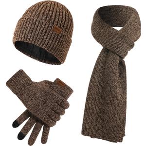 Winter thickened hat, scarf, and touchscreen gloves set for men and women, knit hat,suitable as a gift and for outdoor warmth (Brown)