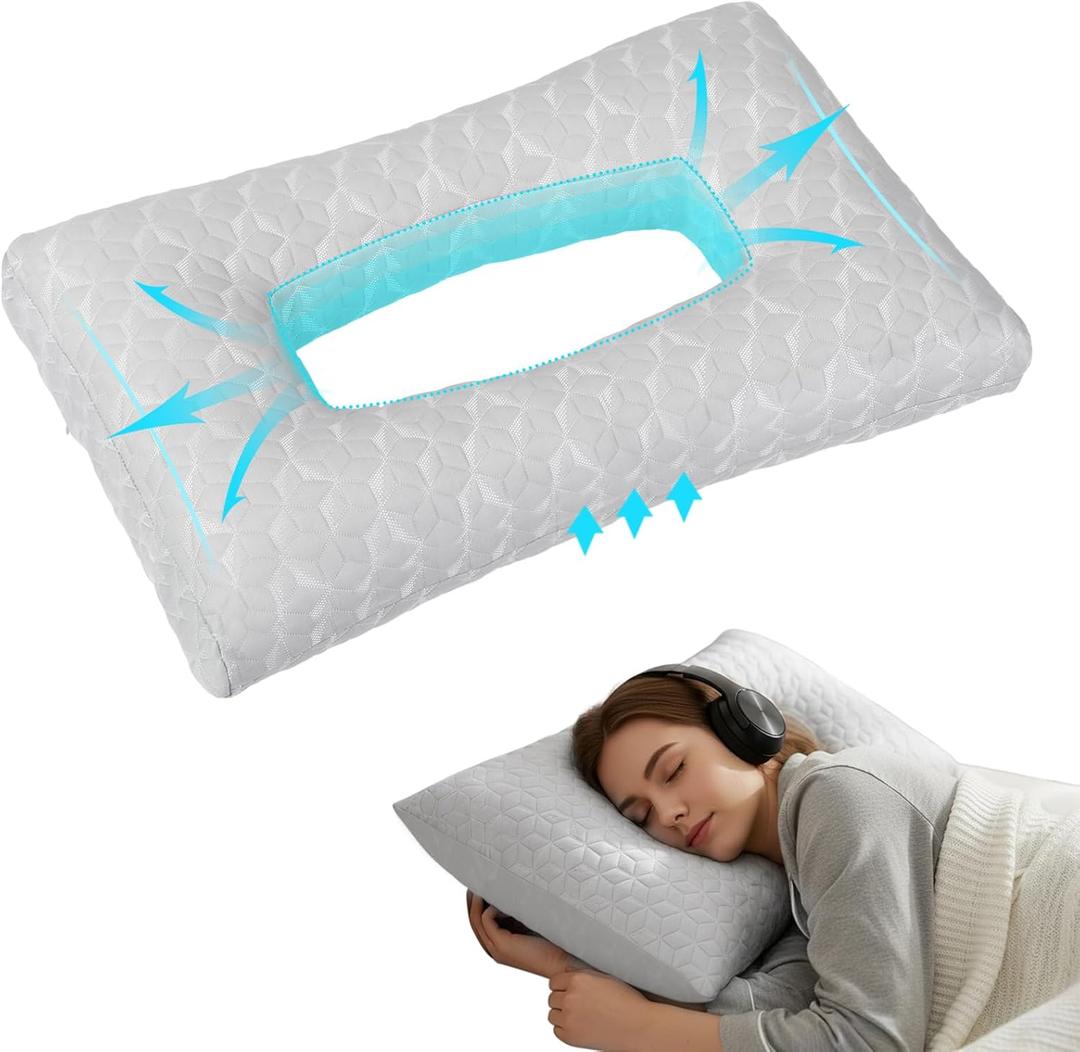 Lounsweer 24 x 14 x 4 Inches Gray Ear Piercing Hole with Large Holes Pillows Side Sleeper Pillow for Side Sleepers and Ear Inflammation Pressure Sores Comfort Relieves Pressure While Sleeping