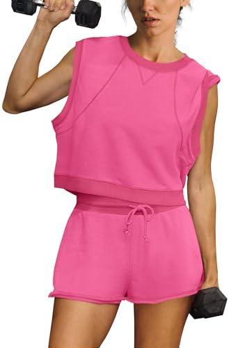 SENSERISE Womens Two Piece Workout Sets Matching Sweat Sets Summer Outfits Oversized Crop Tank Top and Shorts, Size M, Pink