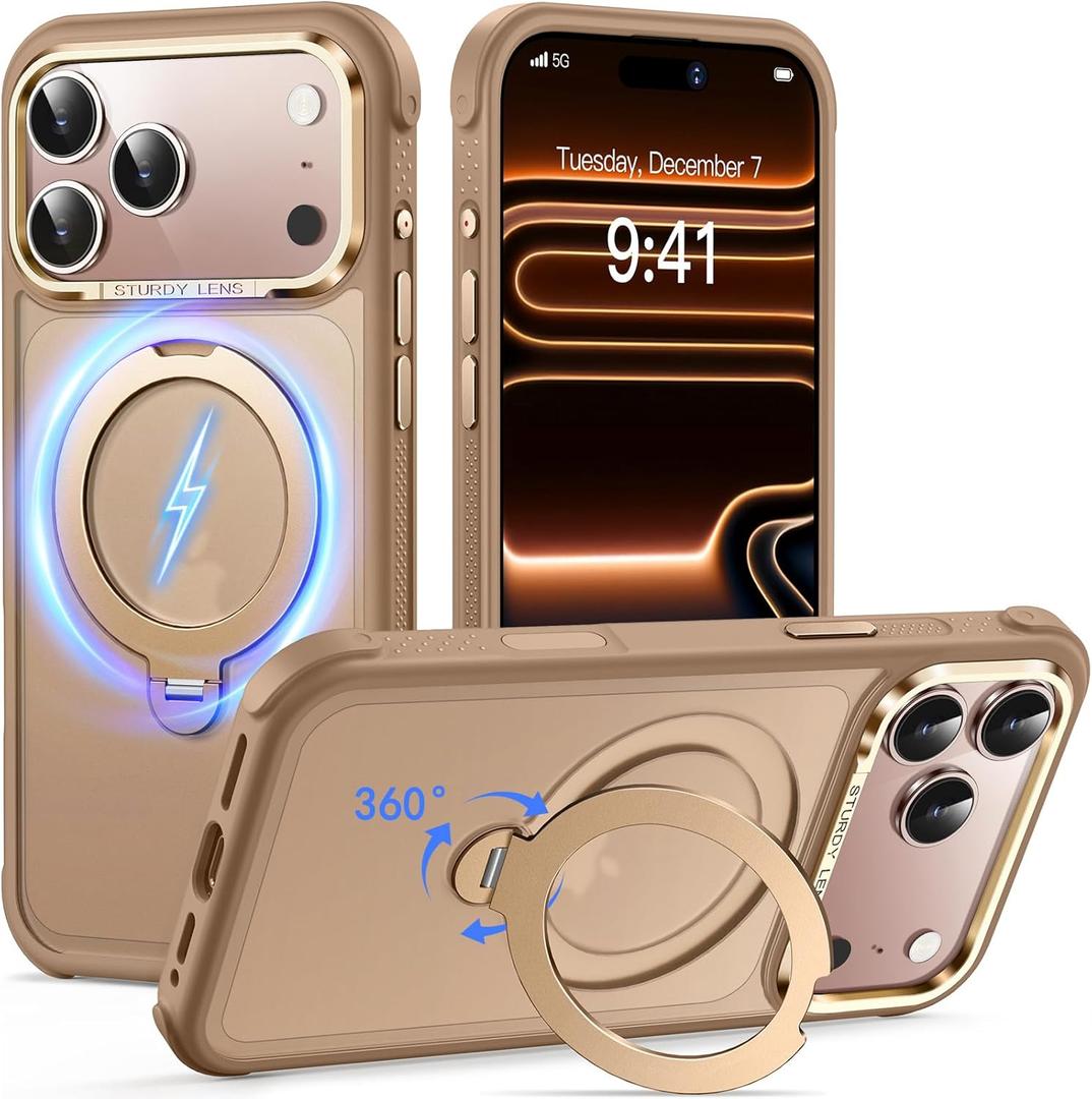 Reukdnv Magnetic for iPhone 17 Pro Max Case, Military Drop Protection, Compatible with MagSafe, Slim Translucent Matte Shockproof Protective Phone Case with 360 Spin Stand 6.9", Desert Gold