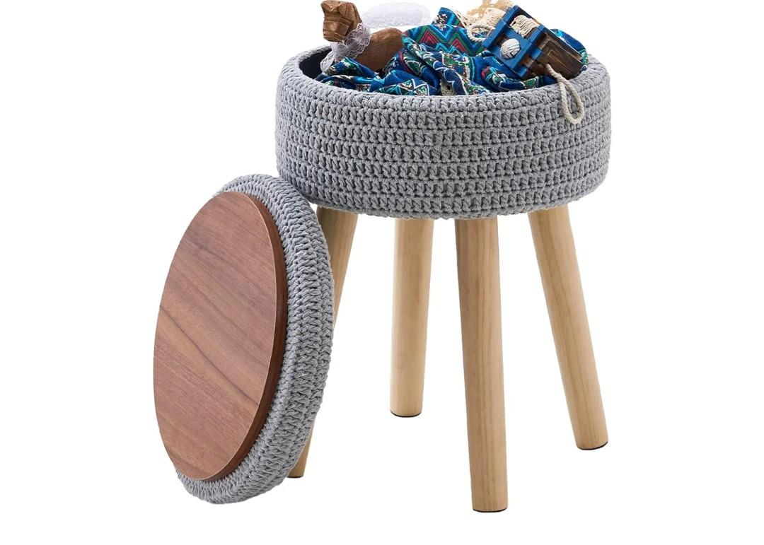 Wimarsbon Pouf Ottoman, 100% Cotton Knitted Boho Footstool, Round Footrest with Non-Skid Wood Legs, Home Décor Handmade Pouffe, Leisure Floor Step Stool for Living Room (High Storage Grey)