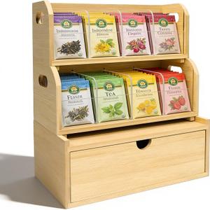 3-Layer Stackable Bamboo Tea Bag Organizer with Drawer, No-Tool Assembly Tea Organizers and Storage Holder for Countertop, Cabinet, Office, Kitchen, Pantry