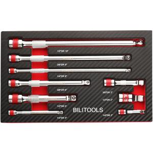BILITOOLS Wobble Extension Set, 9 PCS 1/4", 3/8" and 1/2" Drive Ratchet Extension Set Flexible, Cr-V Steel