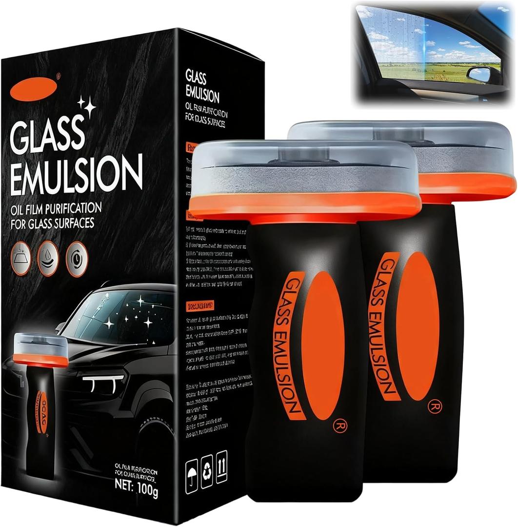 2PCS Glass Oil Film Remover for Car, Glass Emulsion Cleaner, Removes Oil Film & Smudges, Automotive Glass Cleaner for Car Windshield, Cleaning Improve Windshield Clarity for Safe Driving