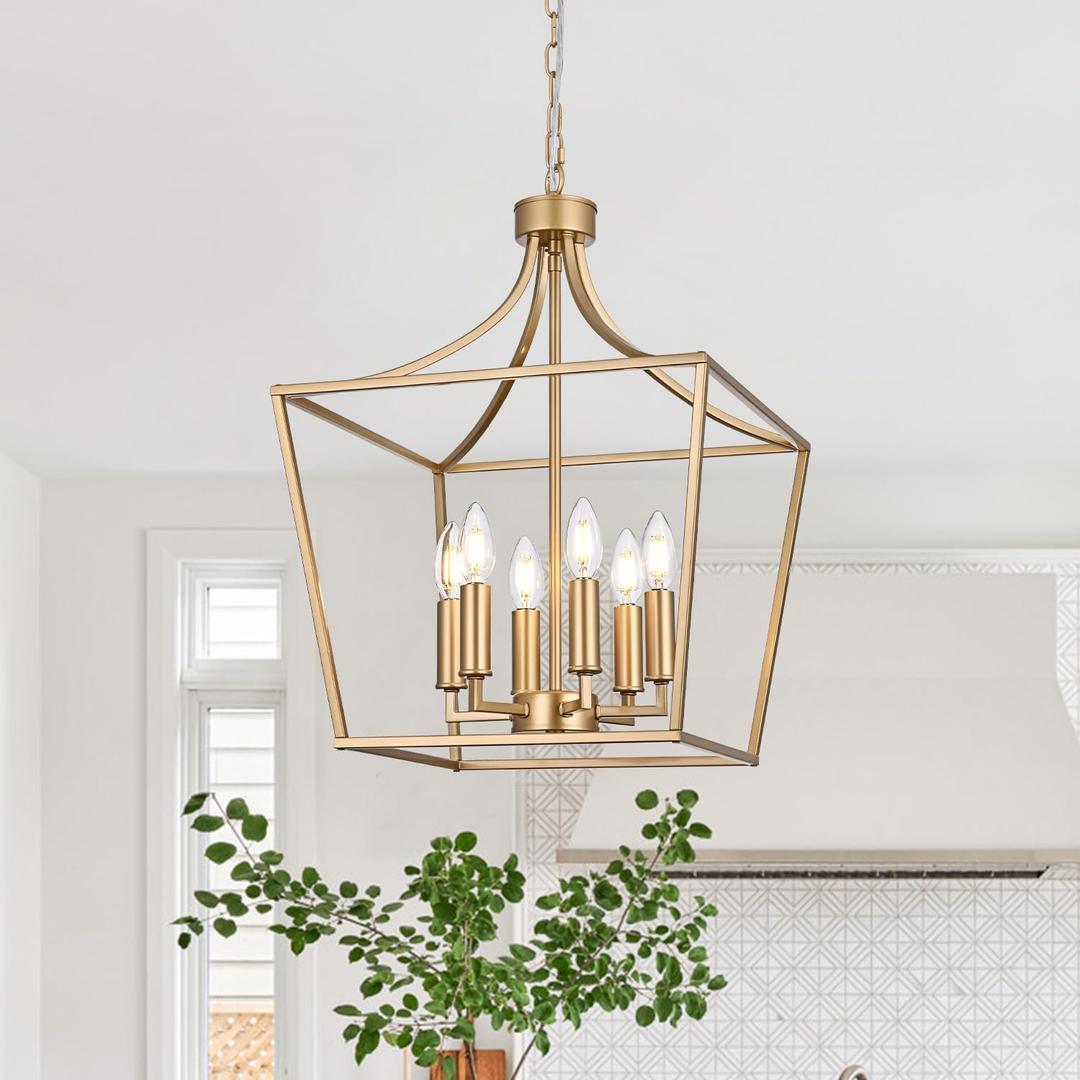 BONLICHT Gold Farmhouse Chandelier 6 Light Lantern Pendant Lighting