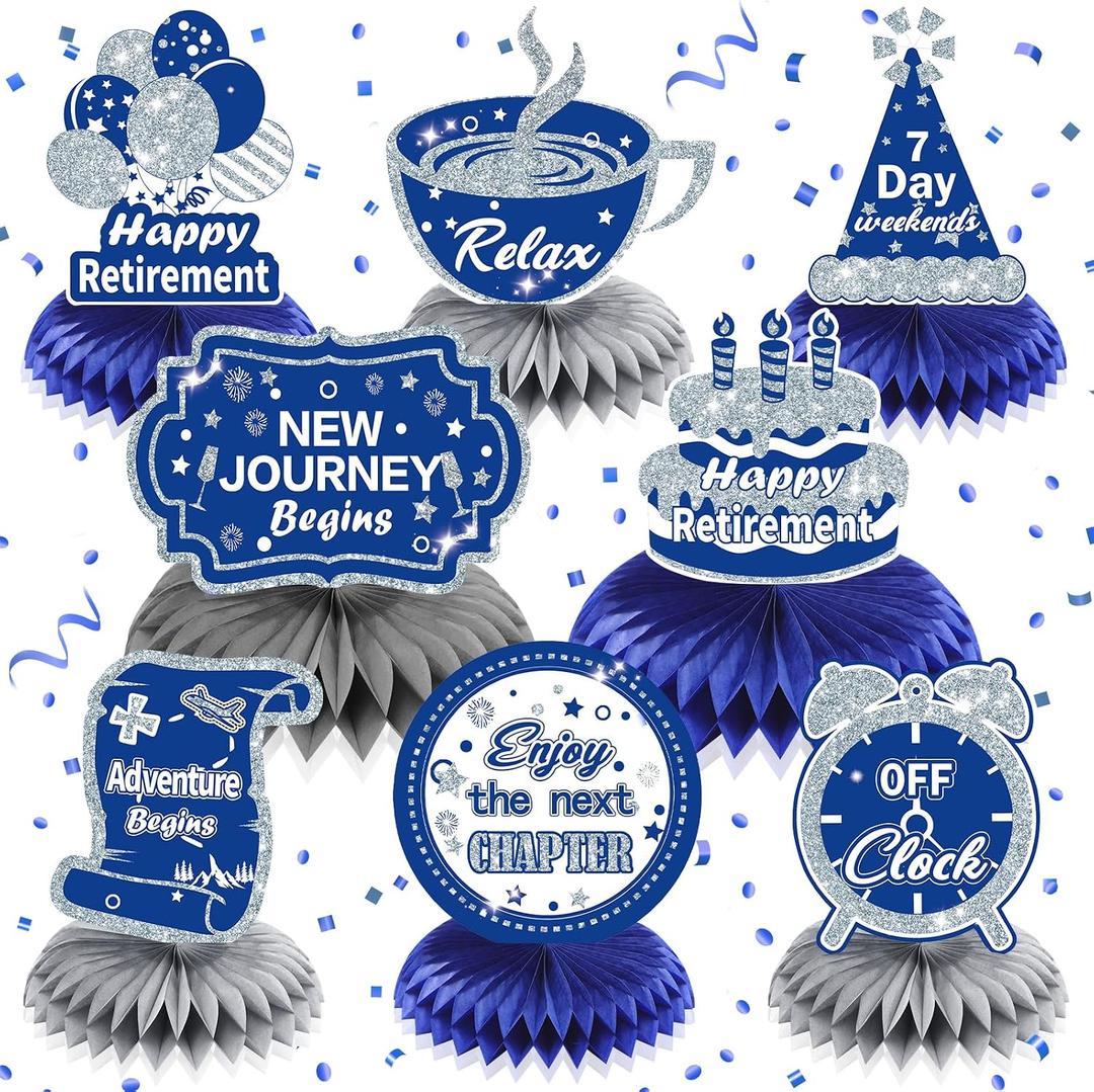 8Pcs Blue Retirement Decorations Navy Blue Silver Happy Retirement Table Honeycomb Centerpieces Farewell Table Topper Decor for Men Women Office Going Away Photo Booth Props Labor Day Party Supplies