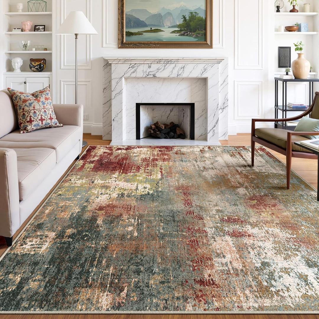 Washable Area Rugs 8'x10' Non-Slip Modern Abstract Soft for Living Room Entryway Bedroom Nursery, Print Pattern, Brown Rust Red Multi