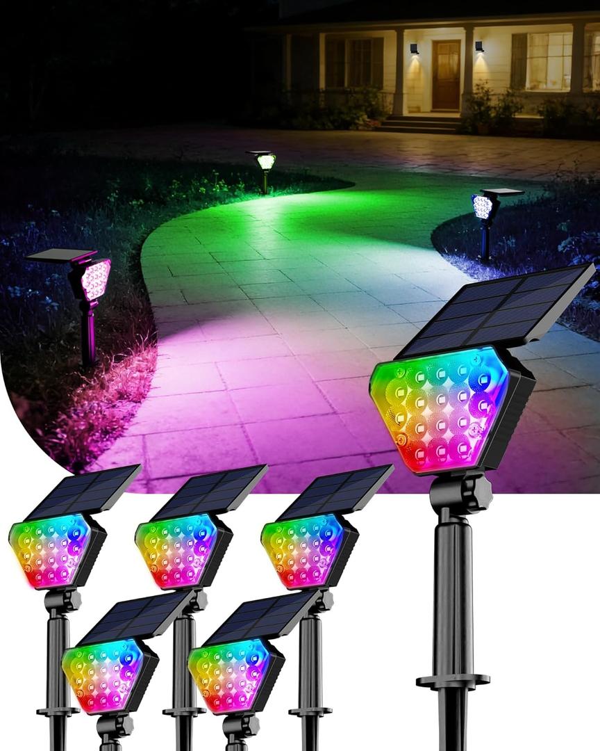 T-SUN Solar Lights Outdoor Waterproof IP65, 6Pack LED Solar Spot Lights Color Changing IP65 Waterproof Smart Auto On/Off for Outside Landscape Garden Yard Lawn Pathway Patio Driveway