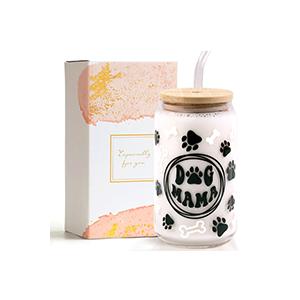 Dog Mama Gifts 16oz  Glass Cups with Lids Straws