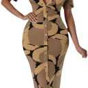 ZERMOM Women's Button Down Shirt Dress Short Sleeve Print Collar V Neck Summer Bodycon Midi Dresses M