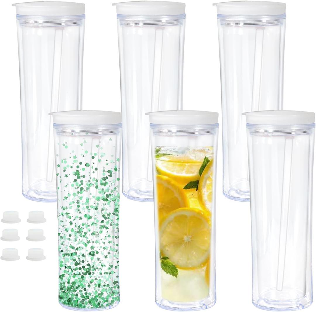 CHLJAR 25oz Acrylic Snowglobe Cups, 6-pack Plastic Snow Globe Cup with Lids and Straws, Snowglobe Tumblers with Pre-Drilled and Plug, Glow in the Dark, Individually Packaged (6pcs-White Lid)