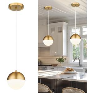 LMS 6-inch Brushed Gold Pendant Light Fixtures, Mid Century Pendant Light Fixtures with White Globe Glass, Adjustable Hanging Cord Ceiling Light Fixtures for Dining Room Bathroom, LMS-186BGS