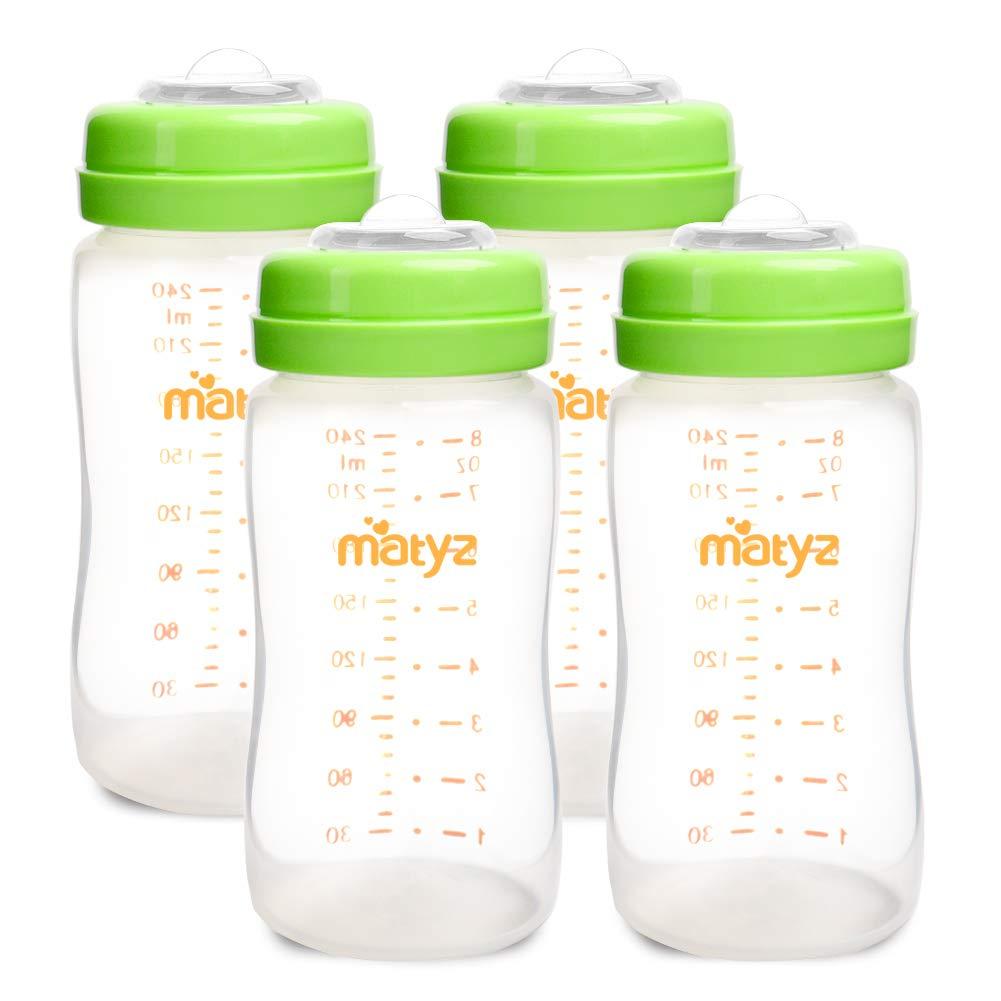 Matyz 4-PACK Breastmilk Storage Bottles With Lids (Green, 8oz Each) - Wide Mouth Breastmilk Collection Storage Bottle - Leakproof Breast Pump Bottle for Spectra Medela Philips Breast Pumps