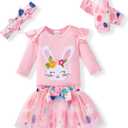 FUNMETA Baby Girl Easter Outfit 4 Piece Kids Long Sleeve Rabbit Romper Toddler Bow Pink Tutu Skirt Headband Leg Warmer Infant Easter Bunny Dress 6-12 Months